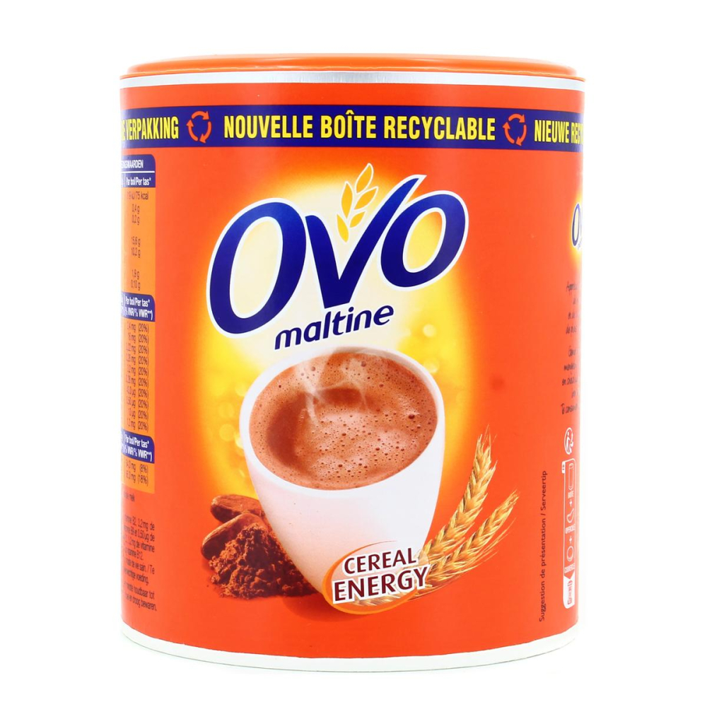 Chocolat en poudre Ovomaltine 350g – Boîte orange avec logo emblématique et cuillère de poudre chocolatée