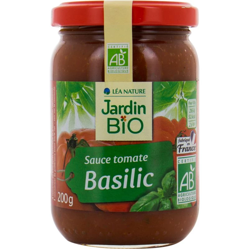 Sauce tomate basilic bio 200g JARDIN BIO – bocal en verre avec étiquette verte et ingrédients naturels