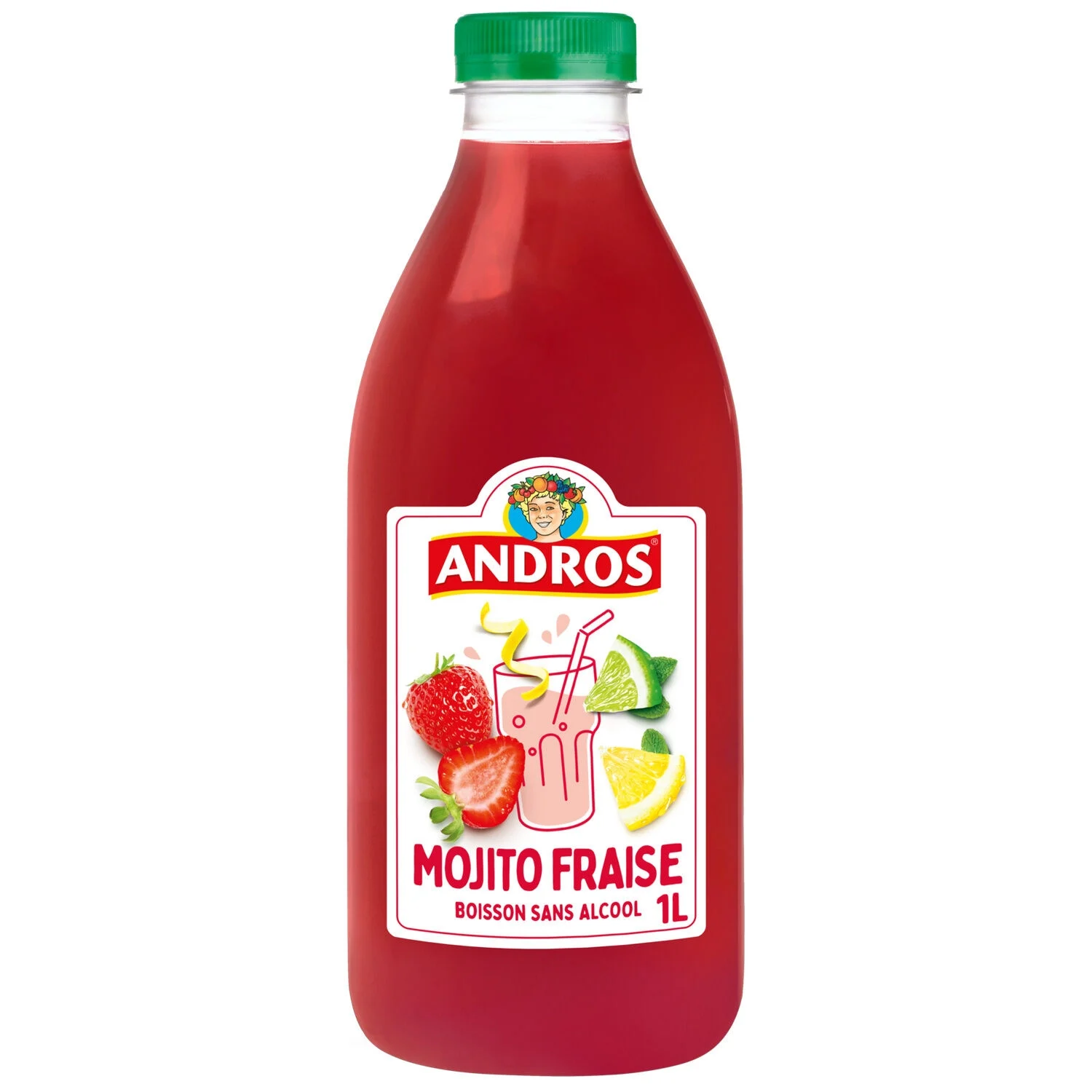 Bouteille 1L de Mojito Fraise sans alcool Andros – boisson fruitée et rafraîchissante à base de fraise et menthe