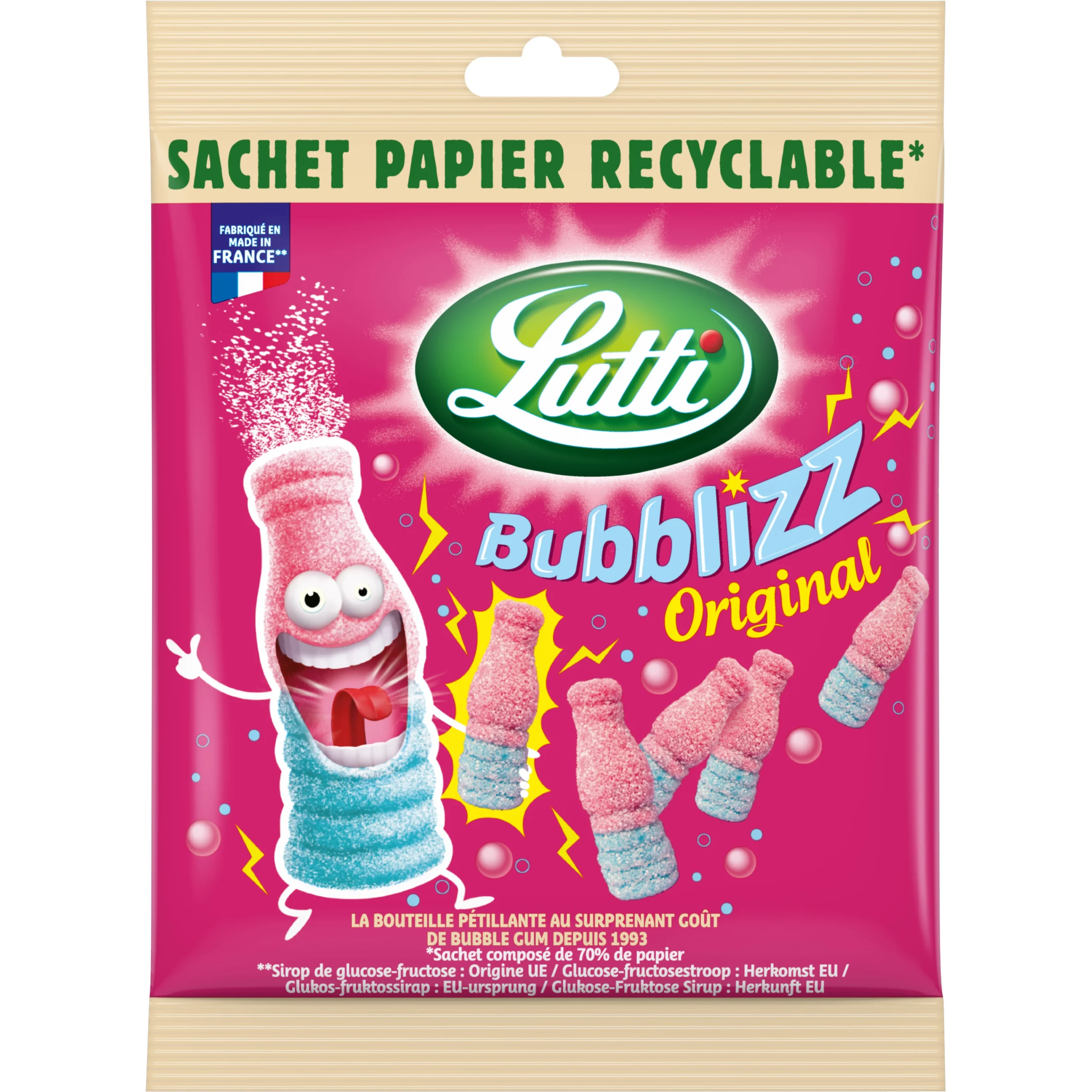 Bonbons Bubblizz Lutti 170g – sachet de bonbons acidulés goût cola et fruits