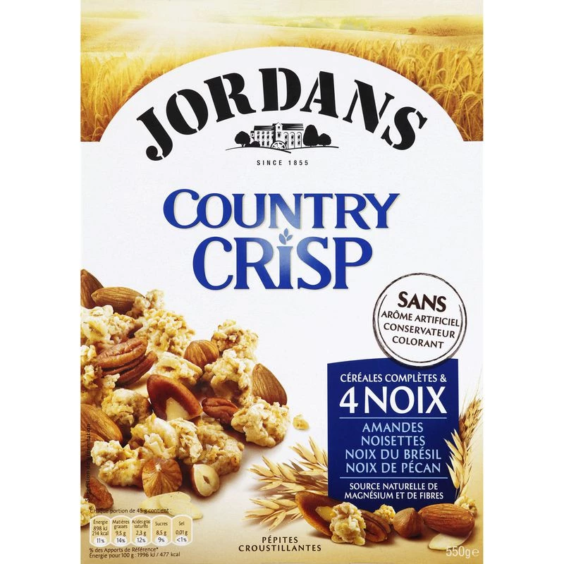 Céréales Country CRISP 4 Noix JORDANS 550g – mélange croquant de céréales et fruits à coque pour un petit déjeuner équilibré