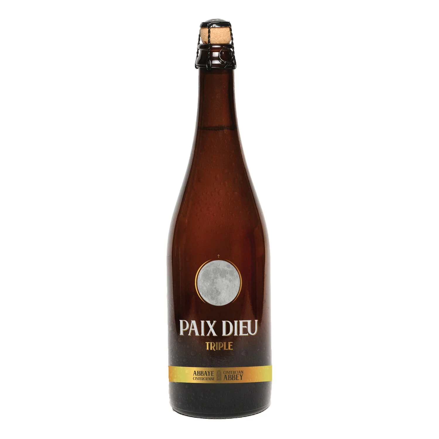 Bouteille de Bière Blonde d'Abbaye 10° Paix Dieu de 75cl posée sur une table en bois