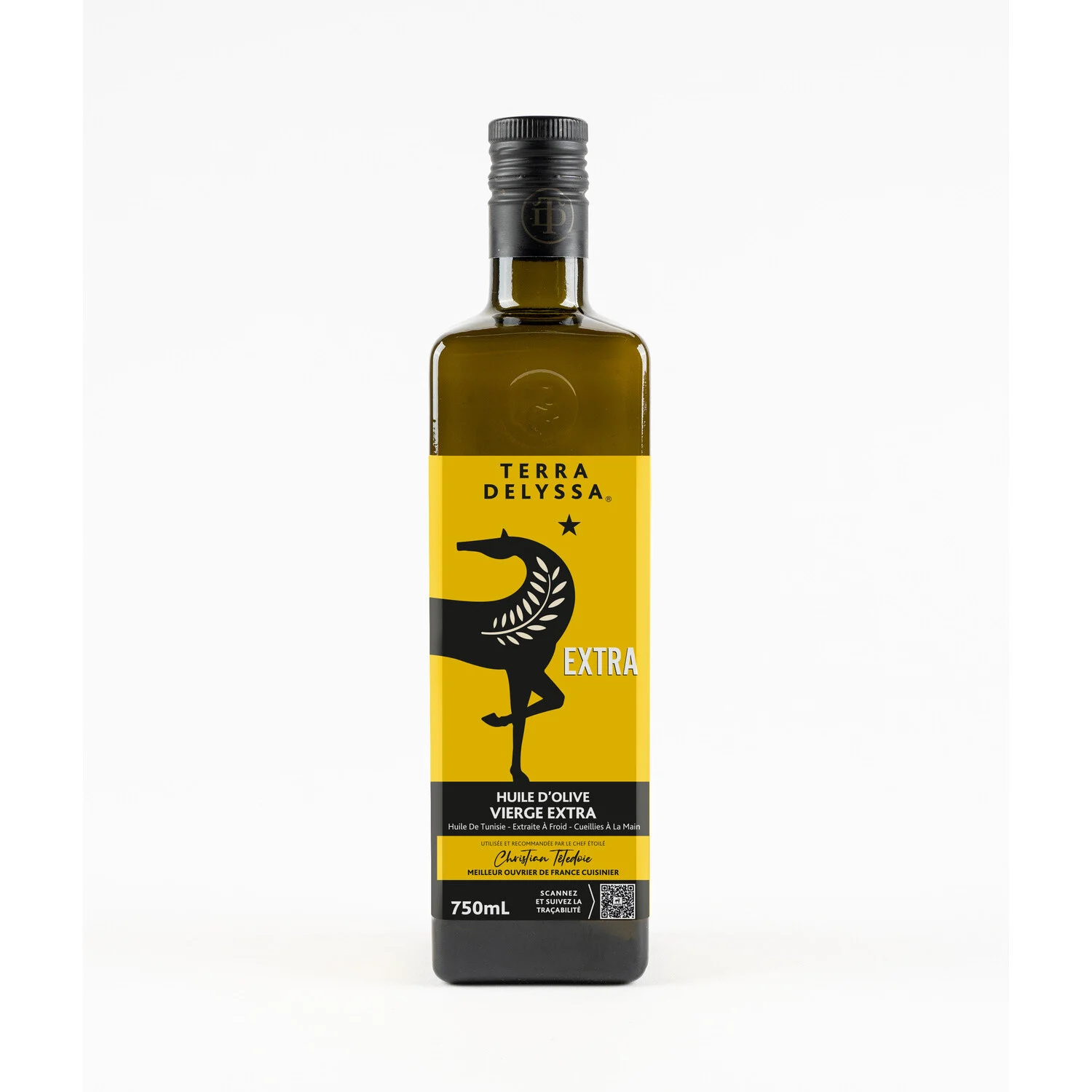 Bouteille de 75cl d’huile d’olive Terra Delyssa extra vierge posée sur fond clair