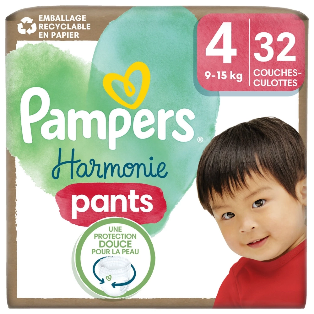 Couches Harmonie Pants T4 Pampers – pack de 32 culottes absorbantes pour bébé de 9 à 15 kg